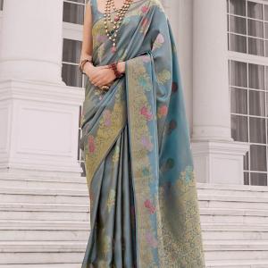 Embrocation Blue Banarasi Tissue Silk Saree With Luminous Blouse Piece