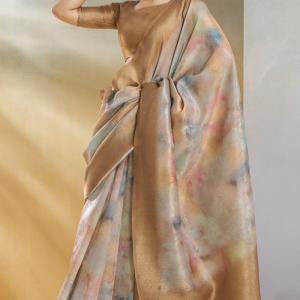 Redolent Brown Digital Printed Soft Silk Saree With Inimitable Blouse Piece