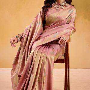 Panache Baby Pink Banarasi Tissue Silk Saree With Beleaguer Blouse Piece