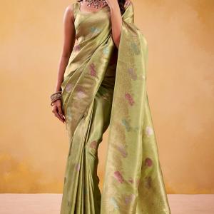 Snappy Green Banarasi Tissue Silk Saree With Eye-catching Blouse Piece