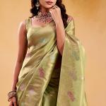 Snappy Green Banarasi Tissue Silk Saree With Eye-catching Blouse Piece