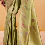 Snappy Green Banarasi Tissue Silk Saree With Eye-catching Blouse Piece