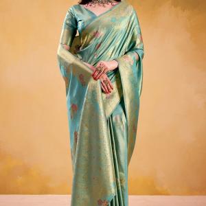 Epiphany Turquoise Banarasi Tissue Silk Saree With Pleasurable Blouse Piece