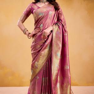 Stylish Pink Banarasi Tissue Silk Saree With Resonant Blouse Piece