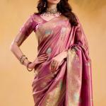 Stylish Pink Banarasi Tissue Silk Saree With Resonant Blouse Piece