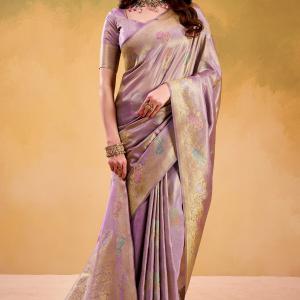 Unique Lavender Banarasi Tissue Silk Saree With Ideal Blouse Piece