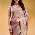 Unique Lavender Banarasi Tissue Silk Saree With Ideal Blouse Piece