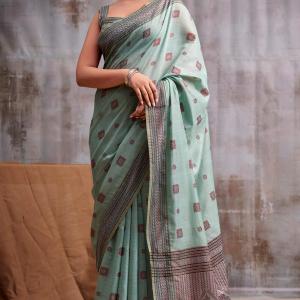 Diaphanous Sky Cotton Silk Saree With Moiety Blouse Piece
