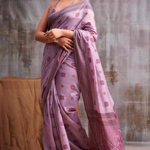 Whimsical Lavender Cotton Silk Saree With Vibrant Blouse Piece