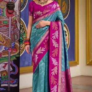 Pretty Firozi Soft Banarasi Silk Saree With Skinny Blouse Piece