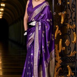 Stunning Royal Purple Banarasi Satin Silk Saree With Energetic Blouse