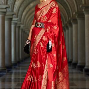 Sensational Red Banarasi Satin Silk Saree With Wonderful Blouse