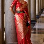Sensational Red Banarasi Satin Silk Saree With Wonderful Blouse