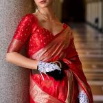 Sensational Red Banarasi Satin Silk Saree With Wonderful Blouse