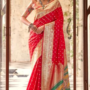 Ebullience Red Soft Banarasi Silk Saree With Unique Blouse Piece