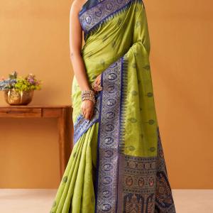 Lassitude Green Pure Zari Weaving Banarasi Silk Saree With Improbable Blouse Piece