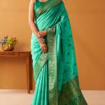 Deserving Turquoise Pure Zari Weaving Banarasi Silk Saree With Forbearance Blouse Piece