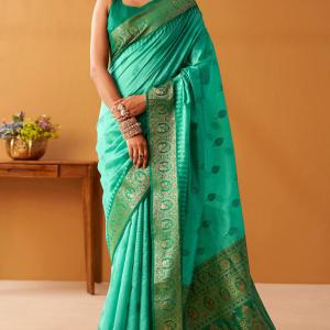 Deserving Turquoise Pure Zari Weaving Banarasi Silk Saree With Forbearance Blouse Piece