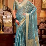 Forbearance Firozi Soft Banarasi Tissue Silk Saree With Vestigial Blouse Piece