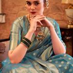 Forbearance Firozi Soft Banarasi Tissue Silk Saree With Vestigial Blouse Piece