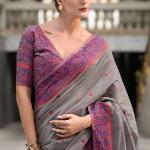 Pulsating Grey Cotton Silk Saree With Vivacious Blouse Piece