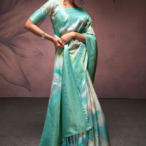 Energetic Firozi Digital Printed Soft Silk Saree With Flaunt Blouse Piece