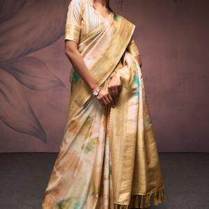 Outstanding Beige Digital Printed Soft Silk Saree With Jazzy Blouse Piece