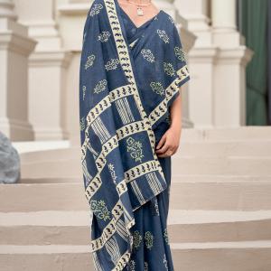 Smashing Navy Blue Printed Mul Cotton Saree With Enchanting Blouse Piece
