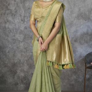 Zephyr Pista Cotton Silk Saree With Ornate Blouse Piece
