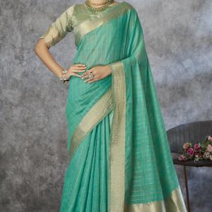 Snappy Sea Green Cotton Silk Saree With Phenomenal Blouse Piece