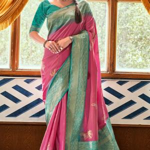 Embrocation Pink Soft Banarasi Silk Saree With Murmurous Blouse Piece