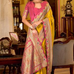 Fantabulous Yellow Pure Zari Weaving Banarasi Silk Saree With Lissome Blouse Piece