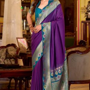 Palimpsest Purple Pure Zari Weaving Banarasi Silk Saree With Designer Blouse Piece