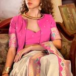 Twirling Beige Pure Zari Weaving Banarasi Silk Saree With Devastating Blouse Piece