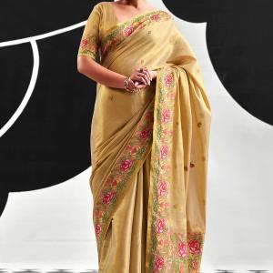 Extraordinary Beige Banarasi Tissue Silk Saree With Staring Blouse Piece