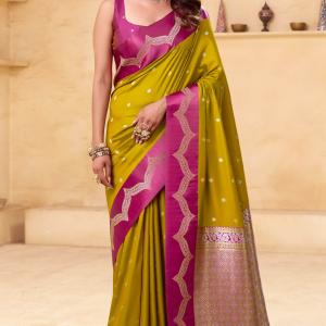 Jazzy Mustard Banarasi Satin Silk Saree With Luminous Blouse