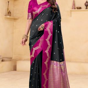 Tremendous Black Banarasi Satin Silk Saree With Dissemble Blouse