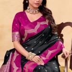 Tremendous Black Banarasi Satin Silk Saree With Dissemble Blouse