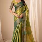 Zephyr Dark Green Banarasi Tissue Silk Saree With Exemplary Blouse Piece