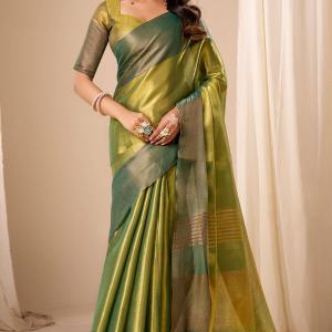 Zephyr Dark Green Banarasi Tissue Silk Saree With Exemplary Blouse Piece
