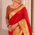 Most Stunning Red Soft Banarasi Silk Saree With Embrocation Blouse Piece