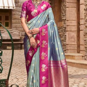 Lovely Grey Banarasi Satin Silk Saree With Mesmerising Blouse
