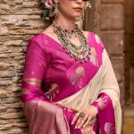 Profuse Beige Banarasi Satin Silk Saree With Admirable Blouse