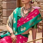 Ornate Dark Pink Banarasi Satin Silk Saree With Unique Blouse