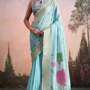 Ratatouille Sky Zari Woven Pure Linen Silk Saree With Redolent Blouse Piece