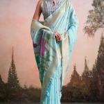 Ratatouille Sky Zari Woven Pure Linen Silk Saree With Redolent Blouse Piece