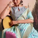 Ratatouille Sky Zari Woven Pure Linen Silk Saree With Redolent Blouse Piece