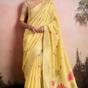 Lustrous Yellow Zari Woven Pure Linen Silk Saree With Pretty Blouse Piece