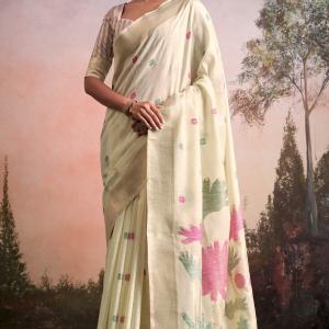Groovy Beige Zari Woven Pure Linen Silk Saree With Woebegone Blouse Piece