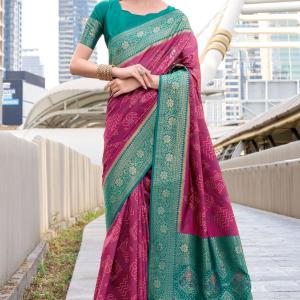 Nebula Dark Pink Soft Banarasi Silk Saree With Profuse Blouse Piece